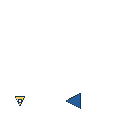 yellow triangle at grid (1, 4), size 1, quarter-turn orientation 2, filled, center dot; blue triangle at grid (3, 4), size 2, quarter-turn orientation 3, filled, no dot. Grid coordinates describe a four-by-four tile; editorial descriptions are not validated accommodations.