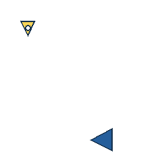 yellow triangle at grid (1, 1), size 1, quarter-turn orientation 2, filled, center dot; blue triangle at grid (3, 4), size 2, quarter-turn orientation 3, filled, no dot. Grid coordinates describe a four-by-four tile; editorial descriptions are not validated accommodations.