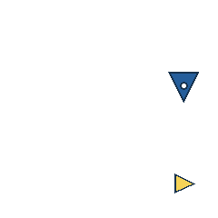 blue triangle at grid (4, 2), size 2, quarter-turn orientation 2, filled, center dot; yellow triangle at grid (4, 4), size 1, quarter-turn orientation 1, filled, no dot. Grid coordinates describe a four-by-four tile; editorial descriptions are not validated accommodations.