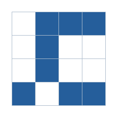 Four-by-four grid; occupied cells (row, column): (1, 2), (1, 3), (1, 4), (2, 2), (3, 2), (4, 1), (4, 3), (4, 4).