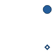 blue circle at grid (4, 1), size 2, quarter-turn orientation 0, filled, no dot; blue diamond at grid (4, 4), size 1, quarter-turn orientation 3, outline, no dot. Grid coordinates describe a four-by-four tile; editorial descriptions are not validated accommodations.