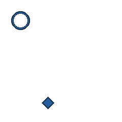 blue circle at grid (1, 1), size 2, quarter-turn orientation 0, outline, no dot; blue diamond at grid (2, 4), size 1, quarter-turn orientation 1, filled, no dot. Grid coordinates describe a four-by-four tile; editorial descriptions are not validated accommodations.