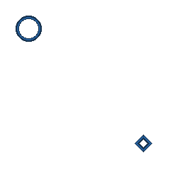 blue circle at grid (1, 1), size 2, quarter-turn orientation 0, outline, no dot; blue diamond at grid (4, 4), size 1, quarter-turn orientation 3, outline, no dot. Grid coordinates describe a four-by-four tile; editorial descriptions are not validated accommodations.