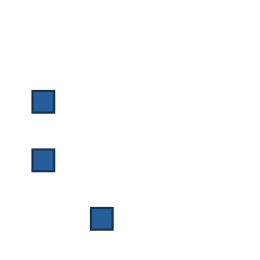 blue square at grid (1, 2), size 1, quarter-turn orientation 1, filled, no dot; blue square at grid (1, 3), size 1, quarter-turn orientation 1, filled, no dot; blue square at grid (2, 4), size 1, quarter-turn orientation 1, filled, no dot. Grid coordinates describe a four-by-four tile; editorial descriptions are not validated accommodations.