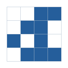 Four-by-four grid; occupied cells (row, column): (1, 3), (1, 4), (2, 2), (2, 3), (3, 1), (3, 3), (4, 2), (4, 3), (4, 4).
