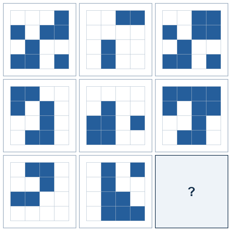 3 rows of three four-by-four spatial grids. The last result grid is missing.