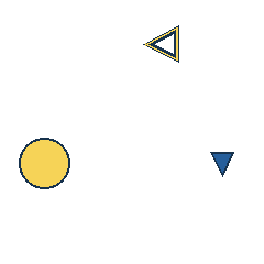 yellow triangle at grid (3, 1), size 2, quarter-turn orientation 3, outline, no dot; yellow circle at grid (1, 3), size 3, quarter-turn orientation 1, filled, no dot; blue triangle at grid (4, 3), size 1, quarter-turn orientation 2, filled, no dot. Grid coordinates describe a four-by-four tile; editorial descriptions are not validated accommodations.