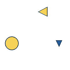 yellow triangle at grid (3, 1), size 2, quarter-turn orientation 3, filled, no dot; yellow circle at grid (1, 3), size 3, quarter-turn orientation 1, filled, no dot; blue triangle at grid (4, 3), size 1, quarter-turn orientation 2, filled, no dot. Grid coordinates describe a four-by-four tile; editorial descriptions are not validated accommodations.