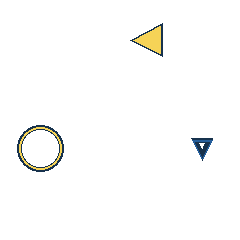 yellow triangle at grid (3, 1), size 2, quarter-turn orientation 3, filled, no dot; yellow circle at grid (1, 3), size 3, quarter-turn orientation 1, outline, no dot; blue triangle at grid (4, 3), size 1, quarter-turn orientation 2, outline, no dot. Grid coordinates describe a four-by-four tile; editorial descriptions are not validated accommodations.