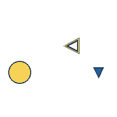 yellow triangle at grid (3, 2), size 2, quarter-turn orientation 3, outline, no dot; yellow circle at grid (1, 3), size 3, quarter-turn orientation 1, filled, no dot; blue triangle at grid (4, 3), size 1, quarter-turn orientation 2, filled, no dot. Grid coordinates describe a four-by-four tile; editorial descriptions are not validated accommodations.