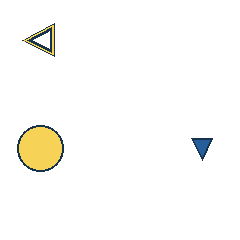 yellow triangle at grid (1, 1), size 2, quarter-turn orientation 3, outline, no dot; yellow circle at grid (1, 3), size 3, quarter-turn orientation 1, filled, no dot; blue triangle at grid (4, 3), size 1, quarter-turn orientation 2, filled, no dot. Grid coordinates describe a four-by-four tile; editorial descriptions are not validated accommodations.