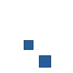 blue square at grid (2, 3), size 2, quarter-turn orientation 0, filled, no dot; blue square at grid (3, 4), size 3, quarter-turn orientation 0, filled, no dot. Grid coordinates describe a four-by-four tile; editorial descriptions are not validated accommodations.