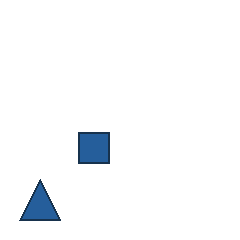 blue square at grid (2, 3), size 2, quarter-turn orientation 0, filled, no dot; blue triangle at grid (1, 4), size 3, quarter-turn orientation 0, filled, no dot. Grid coordinates describe a four-by-four tile; editorial descriptions are not validated accommodations.
