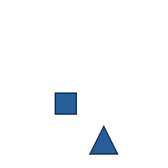 blue square at grid (2, 3), size 2, quarter-turn orientation 0, filled, no dot; blue triangle at grid (3, 4), size 3, quarter-turn orientation 0, filled, no dot. Grid coordinates describe a four-by-four tile; editorial descriptions are not validated accommodations.