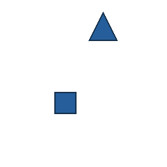 blue triangle at grid (3, 1), size 3, quarter-turn orientation 0, filled, no dot; blue square at grid (2, 3), size 2, quarter-turn orientation 0, filled, no dot. Grid coordinates describe a four-by-four tile; editorial descriptions are not validated accommodations.