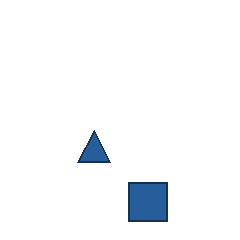 blue triangle at grid (2, 3), size 2, quarter-turn orientation 0, filled, no dot; blue square at grid (3, 4), size 3, quarter-turn orientation 0, filled, no dot. Grid coordinates describe a four-by-four tile; editorial descriptions are not validated accommodations.