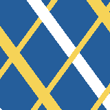 Square pattern piece. Edge positions run from 0 to 159. top edge: blue 0–38, white 39–59, blue 60–73, yellow 74–83, blue 84–125, yellow 126–146, blue 147–159; bottom edge: white 0–2, blue 3–44, yellow 45–54, blue 55–67, yellow 68–89, blue 90–131, yellow 132–141, blue 142–154, white 155–159; left edge: blue 0–37, yellow 38–66, blue 67–100, yellow 101–114, blue 115–156, white 157–159; right edge: blue 0–2, yellow 3–15, blue 16–17, yellow 18–46, blue 47–120, yellow 121–134, blue 135–135, white 136–159.