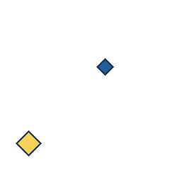 blue diamond at grid (3, 2), size 1, quarter-turn orientation 0, filled, no dot; yellow diamond at grid (1, 4), size 2, quarter-turn orientation 3, filled, no dot. Grid coordinates describe a four-by-four tile; editorial descriptions are not validated accommodations.