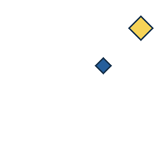 yellow diamond at grid (4, 1), size 2, quarter-turn orientation 3, filled, no dot; blue diamond at grid (3, 2), size 1, quarter-turn orientation 0, filled, no dot. Grid coordinates describe a four-by-four tile; editorial descriptions are not validated accommodations.