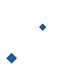blue diamond at grid (3, 2), size 1, quarter-turn orientation 0, filled, no dot; blue diamond at grid (1, 4), size 2, quarter-turn orientation 1, filled, no dot. Grid coordinates describe a four-by-four tile; editorial descriptions are not validated accommodations.