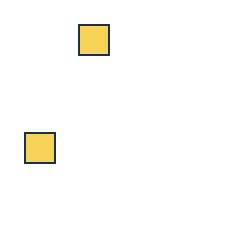 yellow square at grid (2, 1), size 2, quarter-turn orientation 1, filled, no dot; yellow square at grid (1, 3), size 2, quarter-turn orientation 2, filled, no dot. Grid coordinates describe a four-by-four tile; editorial descriptions are not validated accommodations.