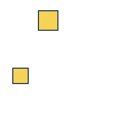 yellow square at grid (2, 1), size 3, quarter-turn orientation 1, filled, no dot; yellow square at grid (1, 3), size 2, quarter-turn orientation 2, filled, no dot. Grid coordinates describe a four-by-four tile; editorial descriptions are not validated accommodations.
