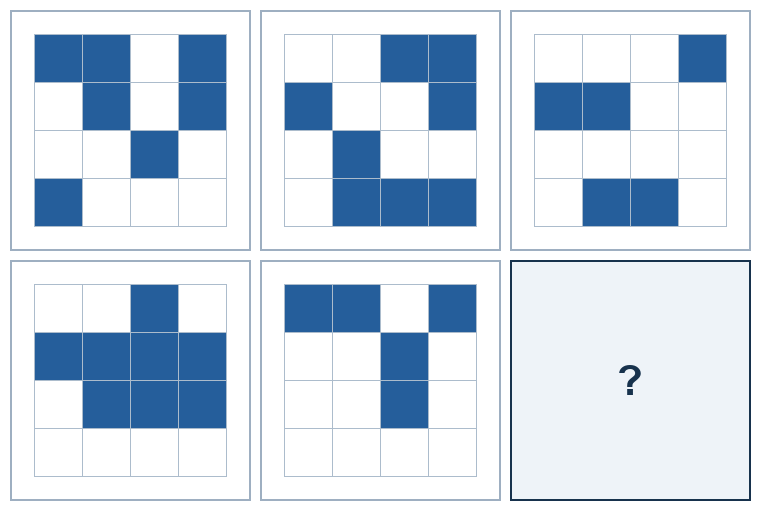 2 rows of three four-by-four spatial grids. The last result grid is missing.