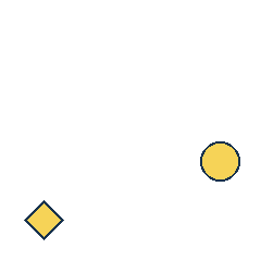 yellow circle at grid (4, 3), size 2, quarter-turn orientation 0, filled, no dot; yellow diamond at grid (1, 4), size 2, quarter-turn orientation 0, filled, no dot. Grid coordinates describe a four-by-four tile; editorial descriptions are not validated accommodations.