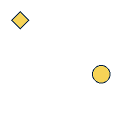 yellow diamond at grid (1, 1), size 2, quarter-turn orientation 0, filled, no dot; yellow circle at grid (4, 3), size 2, quarter-turn orientation 0, filled, no dot. Grid coordinates describe a four-by-four tile; editorial descriptions are not validated accommodations.