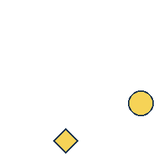 yellow circle at grid (4, 3), size 2, quarter-turn orientation 0, filled, no dot; yellow diamond at grid (2, 4), size 2, quarter-turn orientation 0, filled, no dot. Grid coordinates describe a four-by-four tile; editorial descriptions are not validated accommodations.