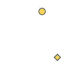 yellow circle at grid (3, 1), size 1, quarter-turn orientation 3, filled, no dot; yellow diamond at grid (4, 4), size 1, quarter-turn orientation 3, filled, no dot. Grid coordinates describe a four-by-four tile; editorial descriptions are not validated accommodations.