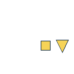 yellow square at grid (3, 3), size 2, quarter-turn orientation 0, filled, no dot; yellow triangle at grid (4, 3), size 3, quarter-turn orientation 2, filled, no dot. Grid coordinates describe a four-by-four tile; editorial descriptions are not validated accommodations.