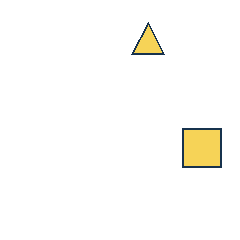 yellow triangle at grid (3, 1), size 2, quarter-turn orientation 0, filled, no dot; yellow square at grid (4, 3), size 3, quarter-turn orientation 2, filled, no dot. Grid coordinates describe a four-by-four tile; editorial descriptions are not validated accommodations.