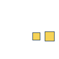 yellow square at grid (3, 3), size 2, quarter-turn orientation 0, filled, no dot; yellow square at grid (4, 3), size 3, quarter-turn orientation 2, filled, no dot. Grid coordinates describe a four-by-four tile; editorial descriptions are not validated accommodations.