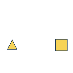 yellow triangle at grid (1, 3), size 2, quarter-turn orientation 0, filled, no dot; yellow square at grid (4, 3), size 3, quarter-turn orientation 2, filled, no dot. Grid coordinates describe a four-by-four tile; editorial descriptions are not validated accommodations.