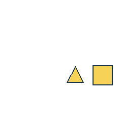 yellow triangle at grid (3, 3), size 2, quarter-turn orientation 0, filled, no dot; yellow square at grid (4, 3), size 3, quarter-turn orientation 2, filled, no dot. Grid coordinates describe a four-by-four tile; editorial descriptions are not validated accommodations.