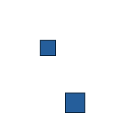 blue square at grid (2, 2), size 2, quarter-turn orientation 0, filled, no dot; blue square at grid (3, 4), size 3, quarter-turn orientation 2, filled, no dot. Grid coordinates describe a four-by-four tile; editorial descriptions are not validated accommodations.