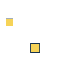 yellow square at grid (1, 2), size 2, quarter-turn orientation 0, filled, no dot; yellow square at grid (3, 4), size 3, quarter-turn orientation 2, filled, no dot. Grid coordinates describe a four-by-four tile; editorial descriptions are not validated accommodations.