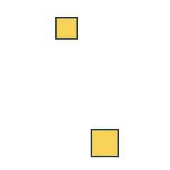 yellow square at grid (2, 1), size 2, quarter-turn orientation 0, filled, no dot; yellow square at grid (3, 4), size 3, quarter-turn orientation 2, filled, no dot. Grid coordinates describe a four-by-four tile; editorial descriptions are not validated accommodations.