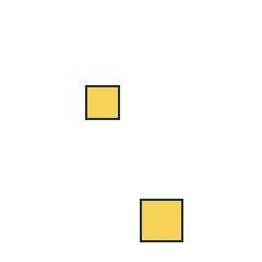 yellow square at grid (2, 2), size 2, quarter-turn orientation 0, filled, no dot; yellow square at grid (3, 4), size 3, quarter-turn orientation 2, filled, no dot. Grid coordinates describe a four-by-four tile; editorial descriptions are not validated accommodations.