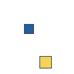 blue square at grid (2, 2), size 2, quarter-turn orientation 0, filled, no dot; yellow square at grid (3, 4), size 3, quarter-turn orientation 2, filled, no dot. Grid coordinates describe a four-by-four tile; editorial descriptions are not validated accommodations.