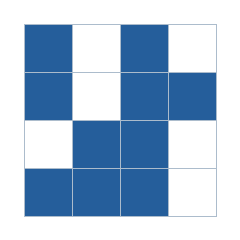 Four-by-four grid; occupied cells (row, column): (1, 1), (1, 3), (2, 1), (2, 3), (2, 4), (3, 2), (3, 3), (4, 1), (4, 2), (4, 3).