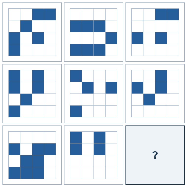 3 rows of three four-by-four spatial grids. The last result grid is missing.