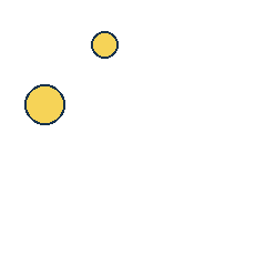 yellow circle at grid (2, 1), size 1, quarter-turn orientation 3, filled, no dot; yellow circle at grid (1, 2), size 2, quarter-turn orientation 1, filled, no dot. Grid coordinates describe a four-by-four tile; editorial descriptions are not validated accommodations.
