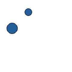 blue circle at grid (2, 1), size 1, quarter-turn orientation 3, filled, no dot; blue circle at grid (1, 2), size 2, quarter-turn orientation 1, filled, no dot. Grid coordinates describe a four-by-four tile; editorial descriptions are not validated accommodations.