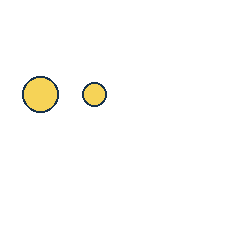 yellow circle at grid (1, 2), size 2, quarter-turn orientation 1, filled, no dot; yellow circle at grid (2, 2), size 1, quarter-turn orientation 3, filled, no dot. Grid coordinates describe a four-by-four tile; editorial descriptions are not validated accommodations.
