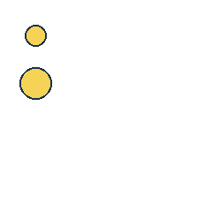 yellow circle at grid (1, 1), size 1, quarter-turn orientation 3, filled, no dot; yellow circle at grid (1, 2), size 2, quarter-turn orientation 1, filled, no dot. Grid coordinates describe a four-by-four tile; editorial descriptions are not validated accommodations.