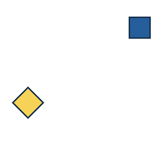 blue square at grid (4, 1), size 2, quarter-turn orientation 2, filled, no dot; yellow diamond at grid (1, 3), size 3, quarter-turn orientation 1, filled, no dot. Grid coordinates describe a four-by-four tile; editorial descriptions are not validated accommodations.