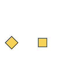 yellow diamond at grid (1, 3), size 3, quarter-turn orientation 1, filled, no dot; yellow square at grid (3, 3), size 2, quarter-turn orientation 2, filled, no dot. Grid coordinates describe a four-by-four tile; editorial descriptions are not validated accommodations.
