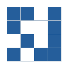 Four-by-four grid; occupied cells (row, column): (1, 1), (1, 2), (1, 4), (2, 1), (2, 4), (3, 2), (3, 4), (4, 1), (4, 3), (4, 4).